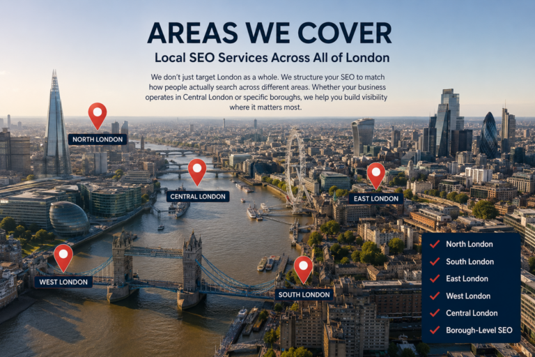 Map of the London regions and boroughs covered by RankLocale local SEO services